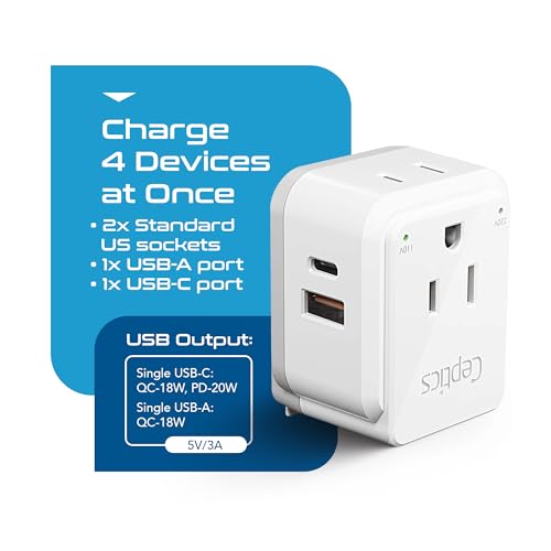 Ceptics White 20W European Travel Plug Adapter with 2 USA Outlets & USB-C/USB-A