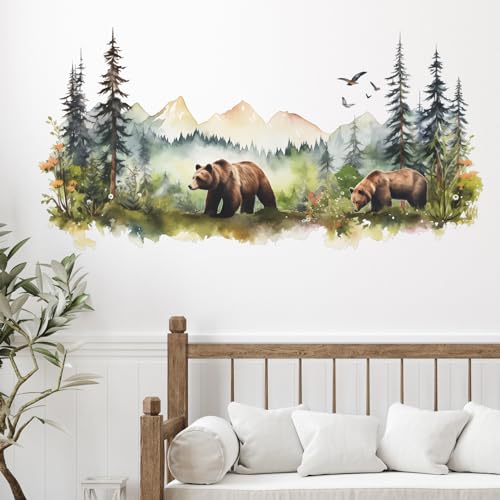 Animals Wall Stickers Mountain Forest Wall Decal for Nursery Bedroom, Wild Jungle Animal Wall Deals Vivid Bears Wall Art Murals Peel and Stick Home Decors for Study Room Living Room