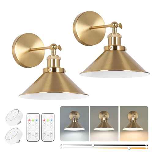 Battery Operated Wall Sconce Set of Two, Brushed Brass Battery Powered Wall Lighting Indoor, Cordless Metal Indoor Wall Lamp, Dimmable with Remote, Suitable for Living Room Bedroom Hallway
