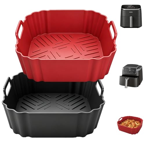 Victoyaw 2-Pack Square Silicone Air Fryer Liners 8.5" for 5-6.5 QT (Black+Red), Ninja AF141/AF181, COSORI, Chefman