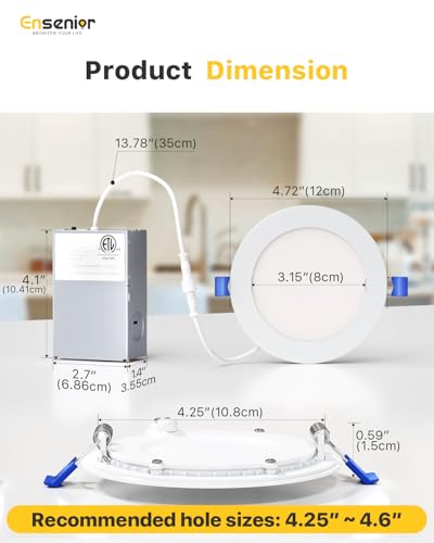 Ensenior 4 Inch LED Recessed Light 5CCT Dimmable Canless Wafer, White, 4 Pack