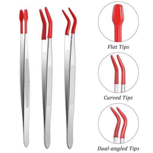 Rubber Tipped Tweezers, 3 Pcs Crafting Tweezers, 5.9 Inch Long Tweezer for Crafts, Stamps, Garden, Jewelry, DIY, Hobby, Electronics, Flat Straight & Bent Tips (Silver, Red)