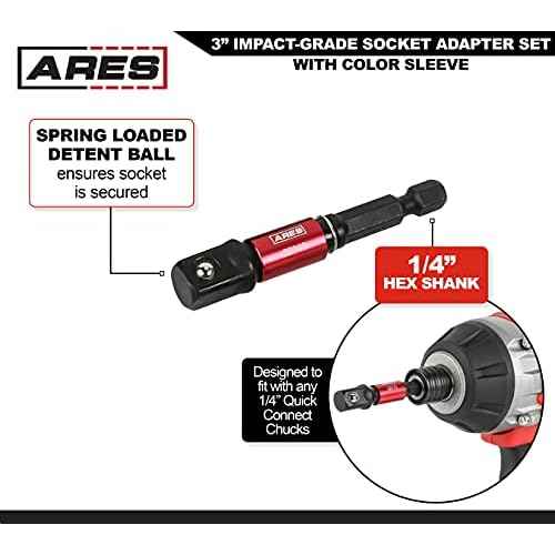 ARES 22011-3-Piece 3-Inch Impact Grade Socket Adapter Set with Color Sleeve - Turns Power Drill into High Speed Nut Driver - 1/4-Inch, 3/8-Inch, and 1/2-Inch Drive