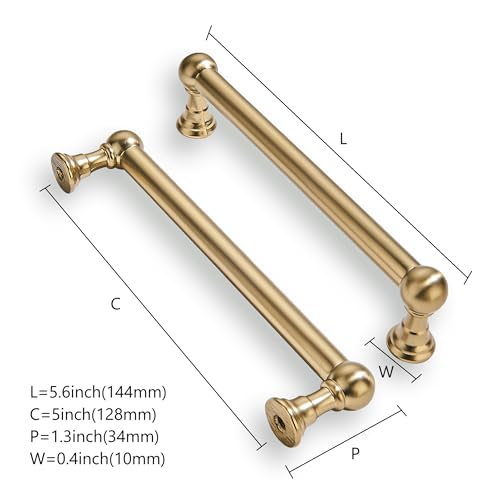 KHTUMEWARE 10 Pack 5 Inch Hole Center Brushed Brass Cabinet Handles Heavy Duty