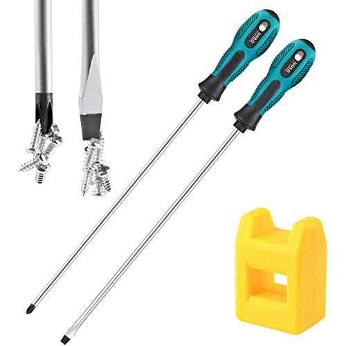 2 Pack 12-Inch Slotted Phillips Screwdriver Set,PH2 Long Flat Blade and Cross-Head Design, Magnetic Extended Screwdriver With Rubber Handle