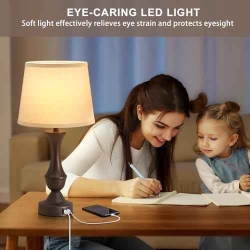 Luvkczc 22" Table Lamp Set of 2 - Vintage Brown Bedside Lamp with Beige Fabric Shade, 3-Way Dimmable, USB C+A Ports, Nightstand Lamp for Living Room Bedroom (Bulb Included)