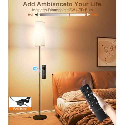 luckystyle Dimmable Floor Standing Tall Lamp, 12W Led Bulb with Lampshade, Foot Switch, Remote Custom Color Temperature Pole for Bedroom, Office, Kids & Living Room, Black
