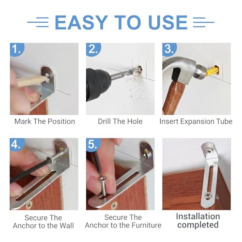 AXYLOEVA Silver Anti Tip Furniture Anchors 12 Pack - Steel Wall Mount Safety