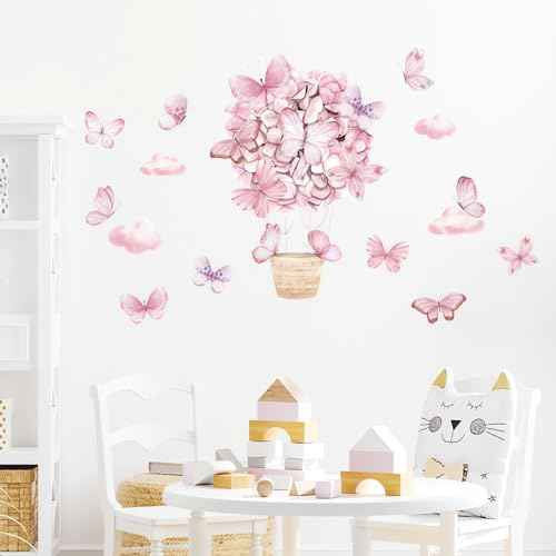 Pink Butterfly Hot Air Balloon Wall Stickers, sacinora DIY Cartoon Art Wall Decals Removable Vinyl Peel and Stick for Kids Baby Girl Nursery Bedroom Children's Room Studyroom Playroom Decorations