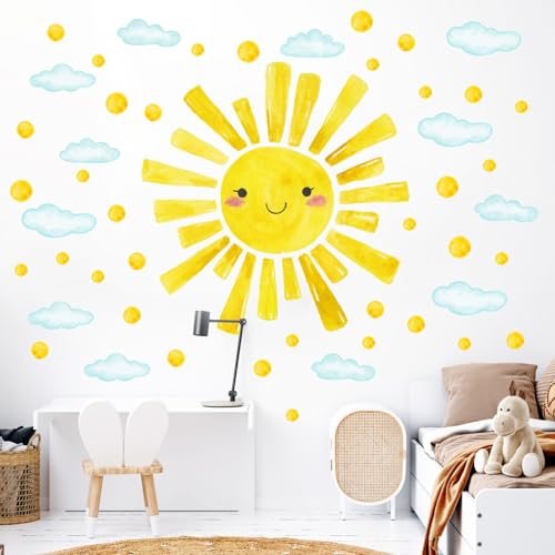 Eutecado Smile Sun Watercolor Wall Decals for Kids Room - 12 Sheets Wall Stickers for Nursery & Bedroom