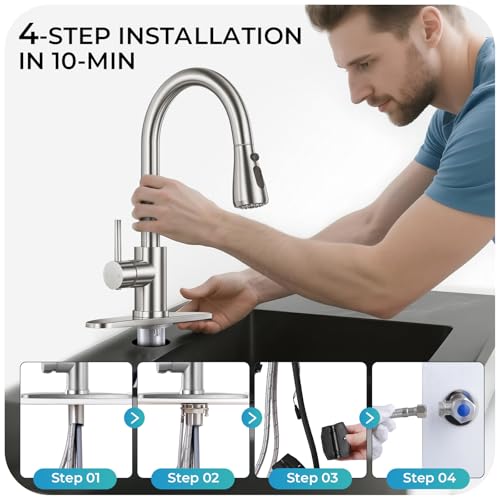 LUFG Brushed Nickel Kitchen Faucet with Pull Down Sprayer & Deck Plate - Classic Finish