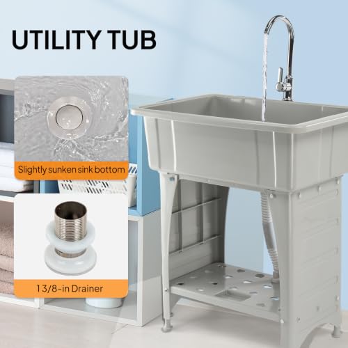 VINGLI Gray Utility Sink with Removable Drainboard, Stainless Steel Faucet & Storage Shelf