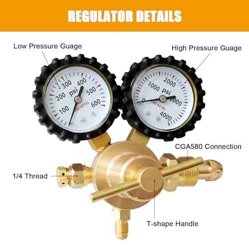 Nitrogen Regulator with 0-600 PSI Outlet Pressure, CGA580 Inlet and 1/4'' Male Flare Fitting