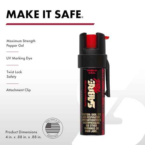 SABRE Pepper Gel with Attachment Clip, Protect Against Multiple Threats with 35 Bursts (5X The Competition), Gel is Safer, UV Marking Dye, Twist Lock Safety, 0.67 fl oz