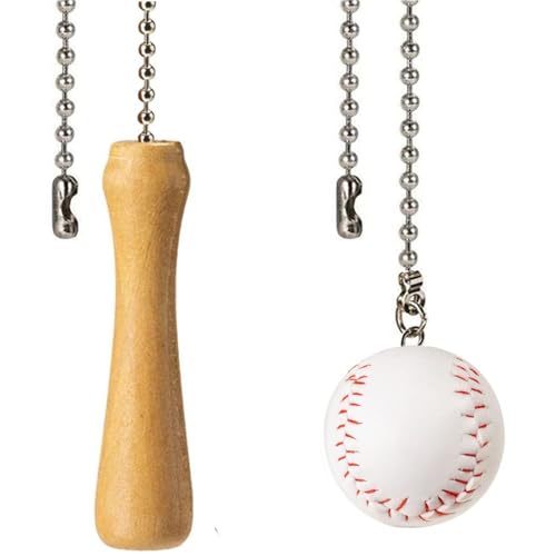Baseball Bat Ceiling Fan Pull Chain Extender with 12" Silver Bead Chain - Kids Room Decor