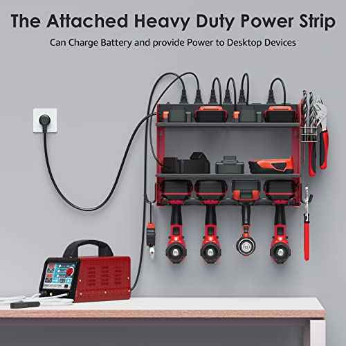 CCCEI Modular Power Tool Organizer Wall Mount with Charging Station. Garage Drill Storage Shelf with Hooks, Heavy Duty Rack, Tool Battery Holder Built in 8 Outlet. Gift for Men. Red, 1 Pack.