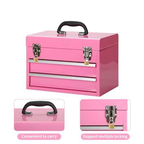 14 Inch Steel Portable Tool Box with drawers - Tool Storage Box Organizer with Metal Latch Closur - Powder Coated Toolbox Chest for Tools Storage Cabinet (PINK)