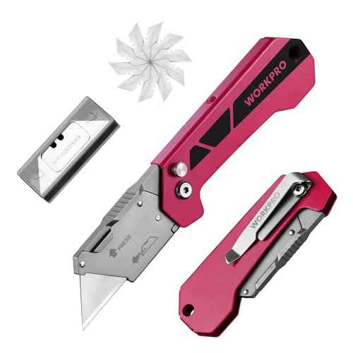 WORKPRO Box Cutter, Utility Knife Quick Change Blade Razor Knife, Folding Pocket Knife with Belt Clip and Axis Lock, 10 Extra Blades Included, Pink