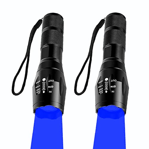 Blue Light Flashlight Single Mode Zoomable Waterproof Led Blue Light for Night Deer Hunting Fishing, 2 Pack