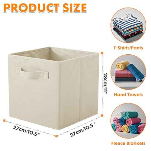PowerKing Collapsible Storage Cubes with Handles, Fabric Foldable Bins for Closet Shelves, Durable Organization Storage Bins, 10.5'' x 11'' x 10.5'', 6 Pack, Cream