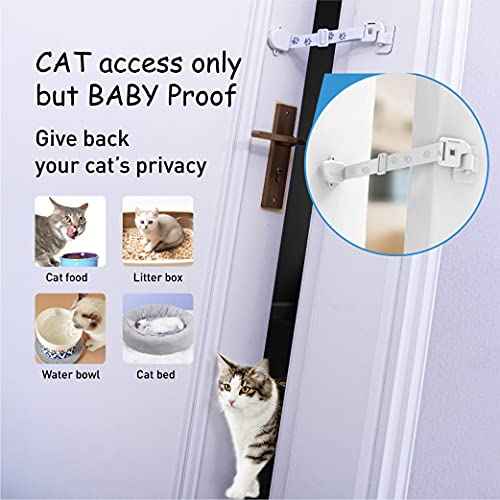Child Proof Door Lock with Adjustable Door Strap and Latch. No Need for Interior Cat Door. Keep Toddler Out of Room with Litter Box While Let Cat in Easily