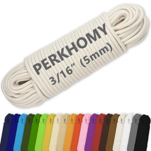 PerkHomy 100ft Natural White Cotton Rope 3/16" (5mm) Diamond Braided Utility Cord