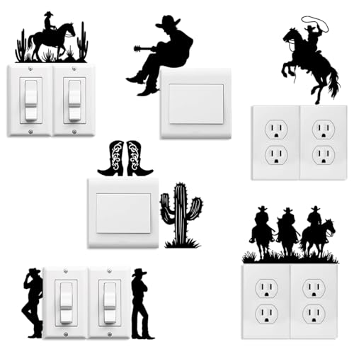 Peacoblue Light Switch Plate Stickers Labels Decals 6Pcs 7"x7" Black Cowboys and Horse for Home House Office Kitchen Decorative, Funny Peel and Stick Light Wall Outlet Stickers for Switch Decoration