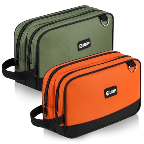 12 Inch Small Tool Bag 2 Pack, Zipper Tool Pouch Two Compartments, Utility ToolBag with Carrying Handle, Heavy Duty Tools Storage Organizer for Electrician Mechanic, Gift for Men Dad, Orange/Green