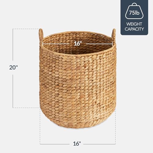 Round Water Hyacinth Storage Basket with Handles - Natural 16x16x20 in