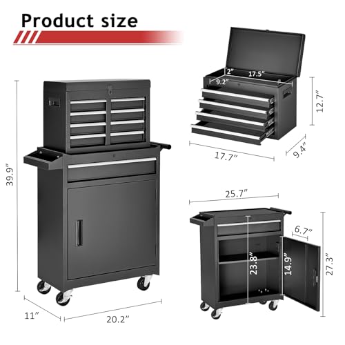 AirWire 5-Drawer Rolling Tool Chest Black – 20.2" L x 11" W x 40" H, Detachable Toolbox