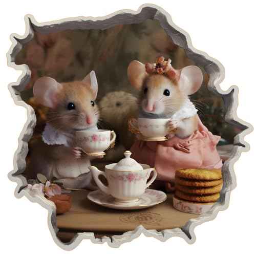 Generic Tea Time Mice in Mouse Hole Decal - Mouse Hole 3D Wall Sticker Size 5.9x5.9 Inch, White, dfghu8896