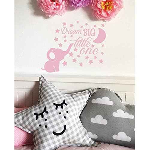 Dream Big Little One Lovely Elephant and Moon Stars Wall Decor Stickers for Kids Room Baby Girl Decals BA048 (Light Pink)