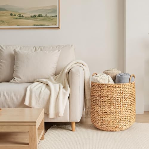 Round Water Hyacinth Storage Basket with Handles - Natural 16x16x20 in