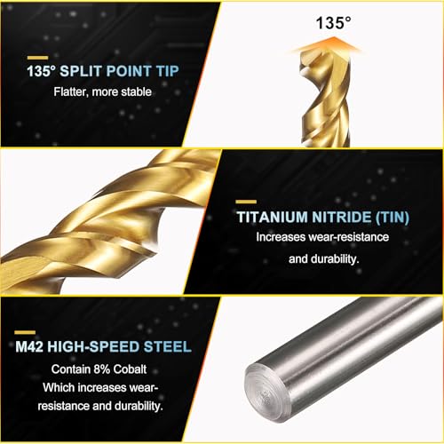 PATIKIL 2.5mm Drill Bit, M42 8% Cobalt High-Speed Steel Jobber Straight Shank 135¡Æ Titanium Nitride (TiN) Coated for Hard Metal Stainless Steel - 3 Pack
