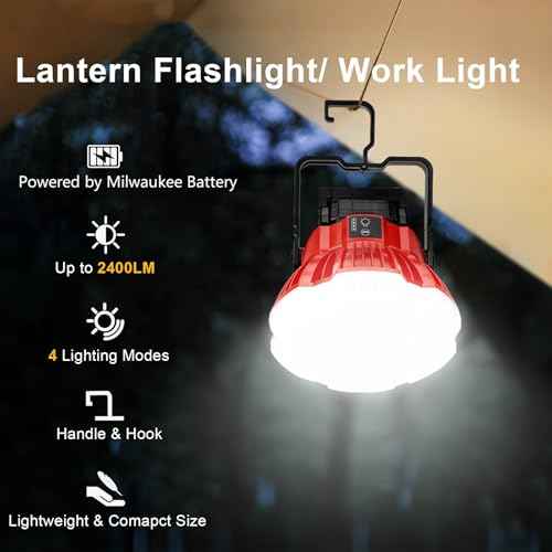 LED Camping Lantern Light Compatible with Milwaukee M18 18V Battery, 2400LM 3 Adjustable Brightness Cordless Portable LED Work Light Floodlight with Hook for Tent Jobsite Ceiling(No Battery)