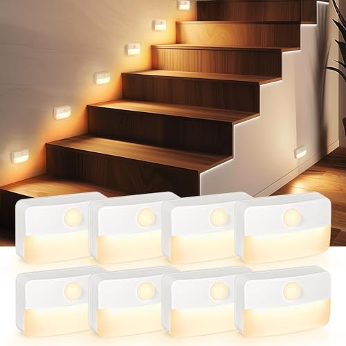 White Battery-Powered Motion Sensor Night Lights - 8 Pack for Indoor Use