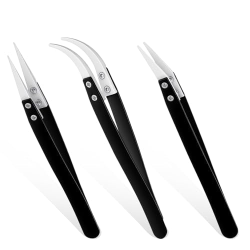 3 PCS Precision Reverse Ceramic Tweezers Set, Non Conductive Heat Resistant Anti Magnetic Electronics Soldering Tweezers, Pointed Curved Tips for Pinching Coils, Jewelry, Watch Repair, Black