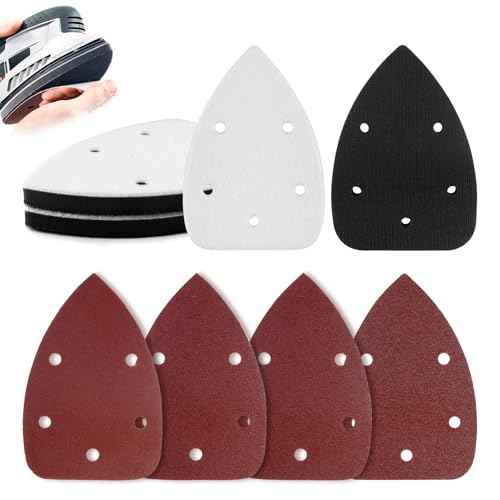 8 PCS Mouse Detail Sanding Interface Pad Hook and Loop, Triangle Sanding Pad with 5 Holes, Come with Triangle Mouse Sandpaper 60 100 120 240 Grit, for Mouse Sander Sandpaper Backing Pad