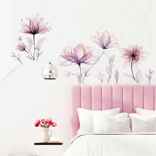 Ink Style Light Pink Flowers Wall Stickers, sacinora Lotus Peony DIY Floral Art Wall Decals Removable Vinyl Peel and Stick for Living Room Bedroom Nursery Toddler Room Decorations