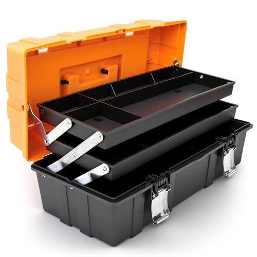 Torin 17-Inch 3-Tier Plastic Tool Box with Tray Dividers, Black/Orange ATRJH-3430T