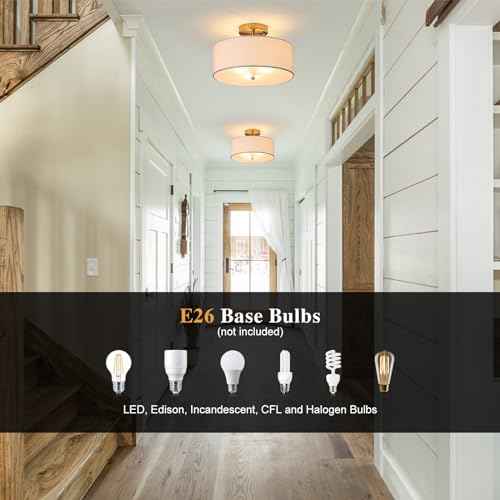 12.6" Semi Flush Mount Ceiling Light Fixture, 3 Light Gold Drum Light Fixtures with White Fabric Shade, Modern Close to Ceiling Lighting for Living Room, Bedroom, Hallway, Entry, Foyer