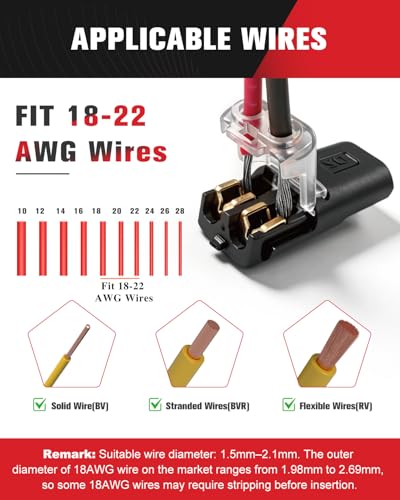Kuject 100pcs Double Wire Plug-in Connectors 18-22AWG Black - Quick Secure Low-Voltage Wiring
