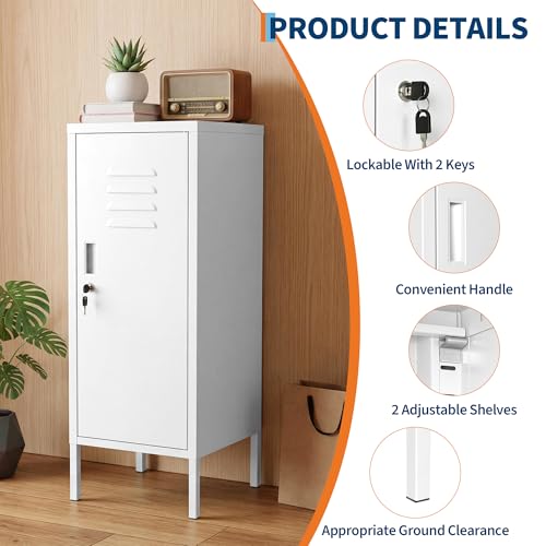White Lockable Metal Locker Cabinet - 39"H Storage Closet with Adjustable Shelves