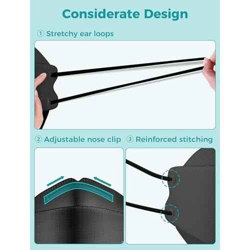 TOPMAX KN95 Face Masks 50 Pack for Adults, Breathable and Comfortable KN95 Mask with Elastic Ear Loop, Filter Efficiency¡Ã95%, Black