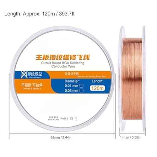 ViaGasaFamido Phone Chip Conduction Wire Non Insulation 120m Mobile Phone Motherboard Fingerprint Jump Welding Copper Soldering Jump Wire for PCB BGA Welding Repair (0.01mm)
