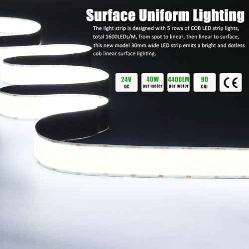 JOYLIT 30MM Wide COB LED Strip Lights 24V Cool White 6000K 16.4FT/5M 8000LEDs 22000LM Ultra Bright, 5 Rows LED Tape Light CRI 90+ 160W Dimmable Indoor Light Strip for Commercial, Home, Industrial
