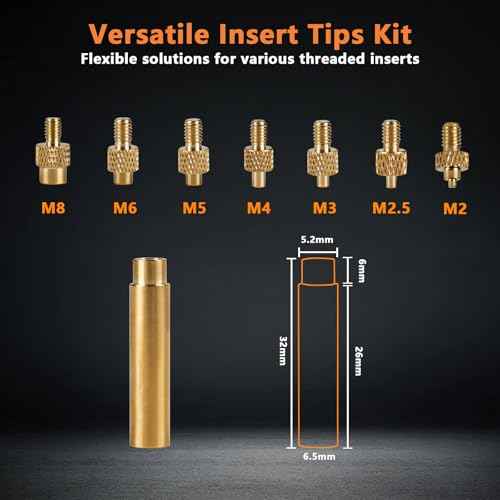 7 Heat Set Insert Tips & 1 Soldering Iron Adapter, Brass Heat-Set Insert Tips for Threaded Inserts M2 M2.5 M3 M4 M5 M6 M8, Plastic 3D Printer Soldering Iron Tipsfor Weller SP40NUS/Hakko FX-888D/900M