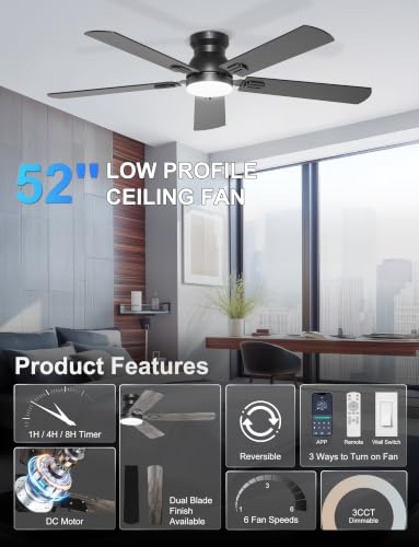 Phylluz 52-Inch Black Flush Mount Ceiling Fan with Lights for Bedroom