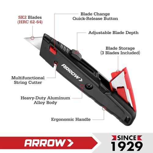 ARROW Retractable Box Cutter, Quick Change Utility Knife with Blade Storage Design, Heavy Duty Aluminum Razor Knife, Twine Cutter, 3 Extra SK2 Blades Included