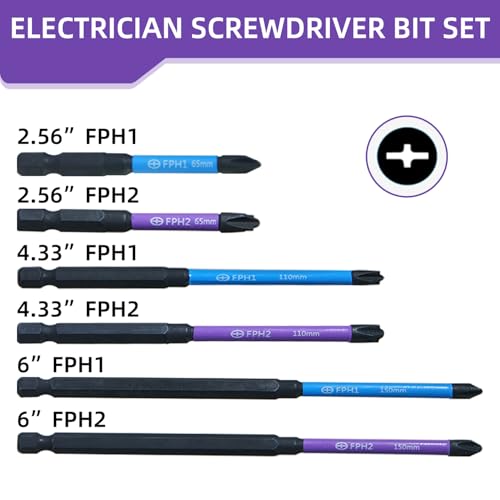 Electrician Impact Screwdriver Bit Set, 1/4¡± Hex-Shank S2 Steel FPH1 & FPH2 Screwdriver Bit Set for Electricians, 6PCS Phillips Cross Slot Head Screw Driver Drill Bits with Magnetism